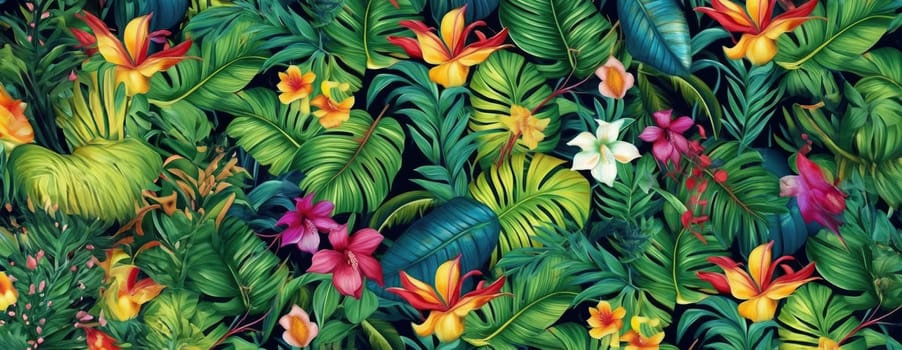 Tropical exotic pattern with animal and flowers in bright colors and lush vegetation. Ai Generative