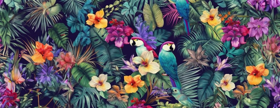 Tropical exotic pattern with animal and flowers in bright colors and lush vegetation. Ai Generative