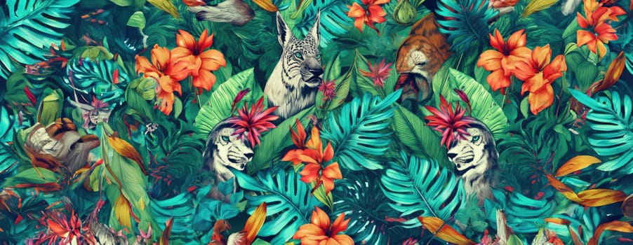 Tropical exotic pattern with animal and flowers in bright colors and lush vegetation. Ai Generative