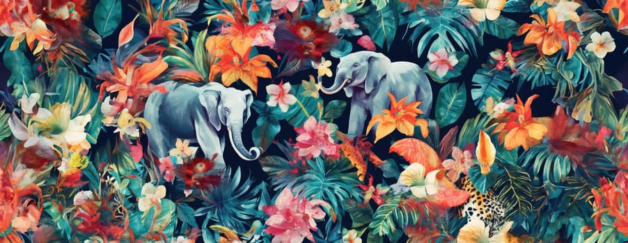 Tropical exotic pattern with animal and flowers in bright colors and lush vegetation. Ai Generative