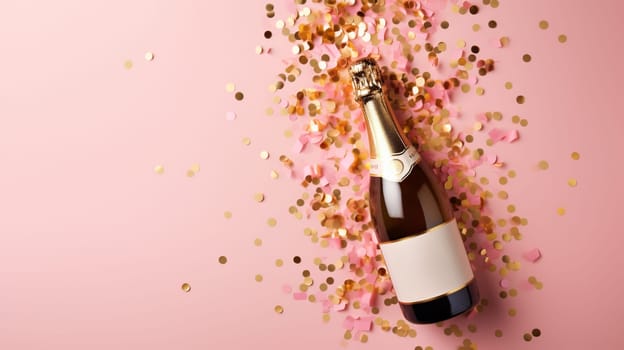 Top view of Champagne Bottle, Golden Confetti, and Decorative Balls on a Stylish light pink Background, Flat Lay Arrangement. with copy space