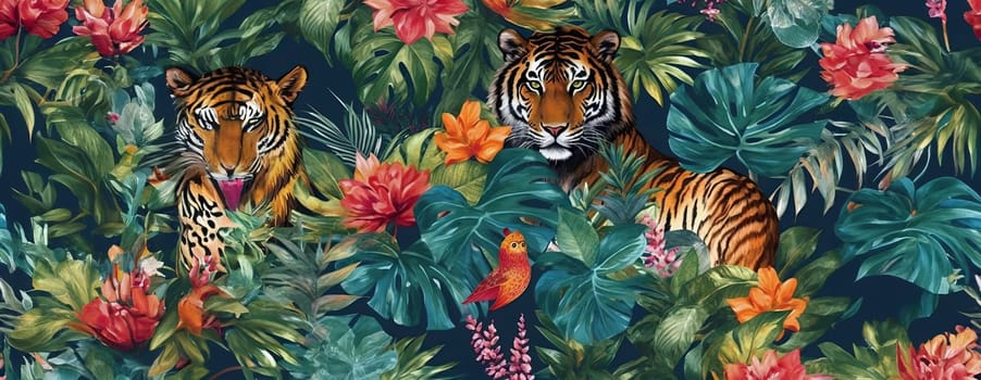 Tropical exotic pattern with animal and flowers in bright colors and lush vegetation. Ai Generative