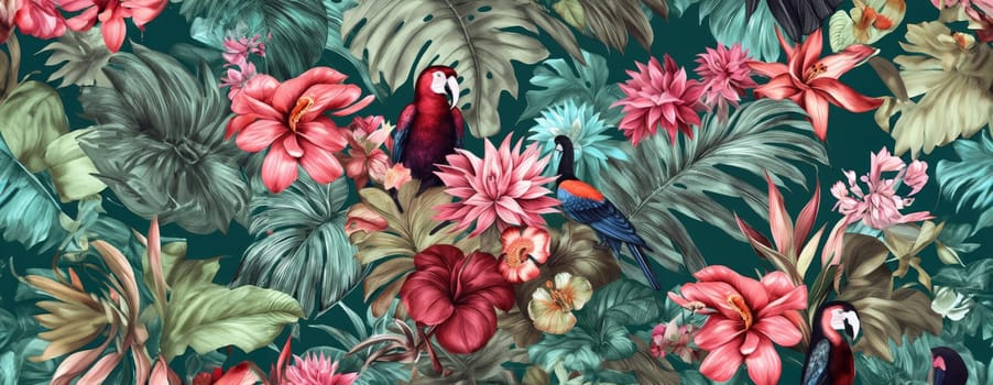 Tropical exotic pattern with animal and flowers in bright colors and lush vegetation. Ai Generative