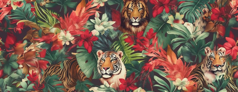 Tropical exotic pattern with animal and flowers in bright colors and lush vegetation. Ai Generative