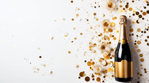 Top view of Champagne Bottle, Golden Confetti, and Decorative Balls on a Stylish light Background, Flat Lay Arrangement. with copy space