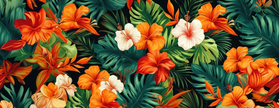 Tropical exotic pattern with animal and flowers in bright colors and lush vegetation. Ai Generative