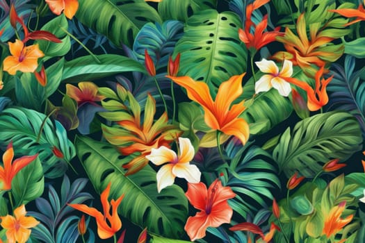 Tropical exotic pattern with animal and flowers in bright colors and lush vegetation. Ai Generative