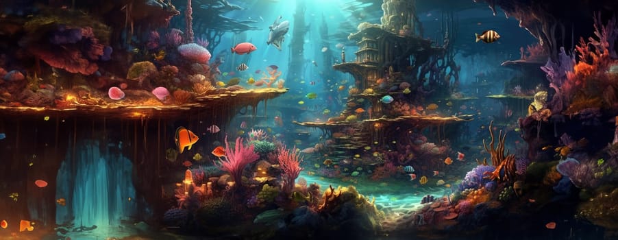 Tropical sea underwater fishes on coral reef. Aquarium oceanarium wildlife colorful marine panorama landscape nature snorkel diving. AI Generative