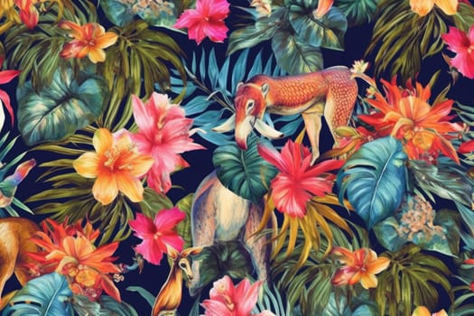 Tropical exotic pattern with animal and flowers in bright colors and lush vegetation. Ai Generative