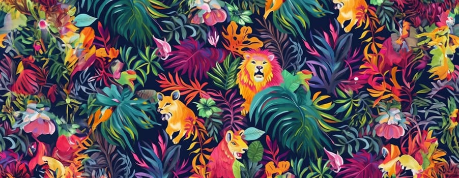 Tropical exotic pattern with animal and flowers in bright colors and lush vegetation. Ai Generative