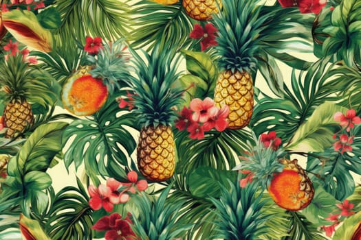 Tropical exotic pattern with animal and flowers in bright colors and lush vegetation. Ai Generative