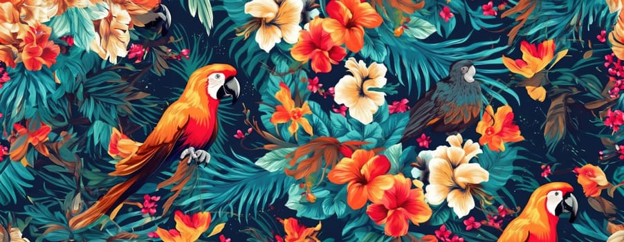 Tropical exotic pattern with animal and flowers in bright colors and lush vegetation. Ai Generative