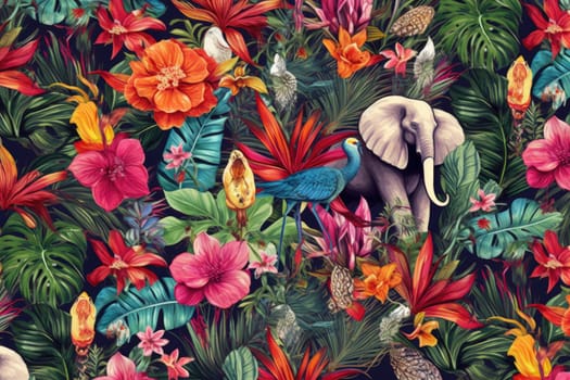 Tropical exotic pattern with animal and flowers in bright colors and lush vegetation. Ai Generative