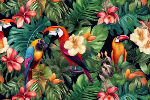 Tropical exotic pattern with animal and flowers in bright colors and lush vegetation. Ai Generative