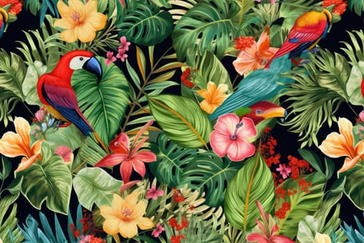 Tropical exotic pattern with animal and flowers in bright colors and lush vegetation. Ai Generative