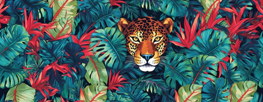 Tropical exotic pattern with animal and flowers in bright colors and lush vegetation. Ai Generative