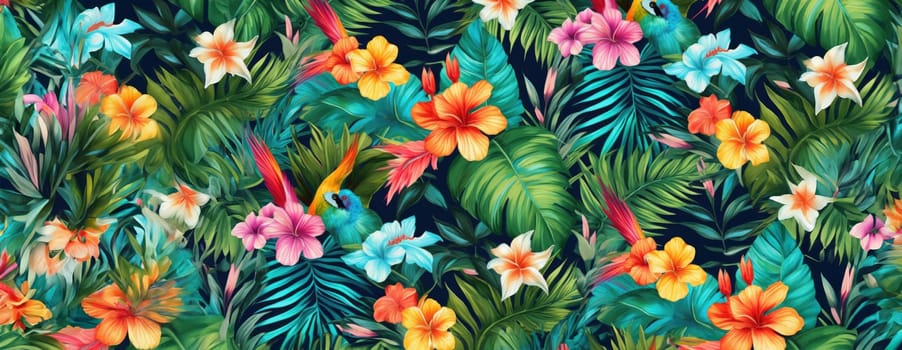 Tropical exotic pattern with animal and flowers in bright colors and lush vegetation. Ai Generative