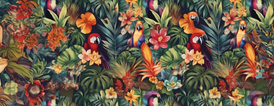 Tropical exotic pattern with animal and flowers in bright colors and lush vegetation. Ai Generative