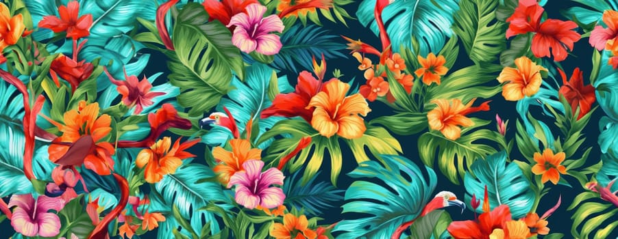 Tropical exotic pattern with animal and flowers in bright colors and lush vegetation. Ai Generative