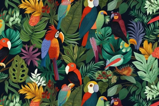 Tropical exotic pattern with animal and flowers in bright colors and lush vegetation. Ai Generative