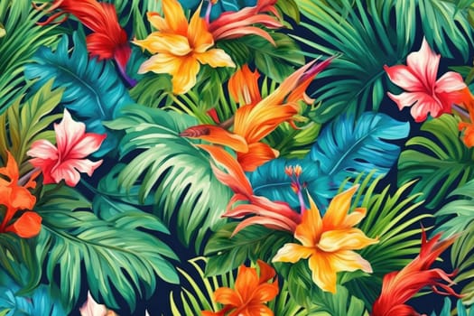 Tropical exotic pattern with animal and flowers in bright colors and lush vegetation. Ai Generative