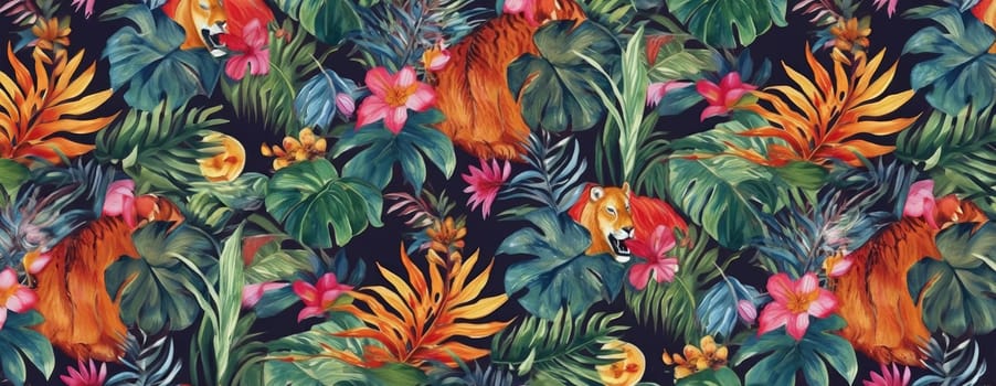 Tropical exotic pattern with animal and flowers in bright colors and lush vegetation. Ai Generative