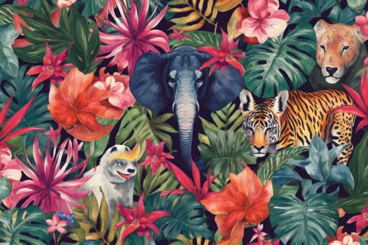 Tropical exotic pattern with animal and flowers in bright colors and lush vegetation. Ai Generative