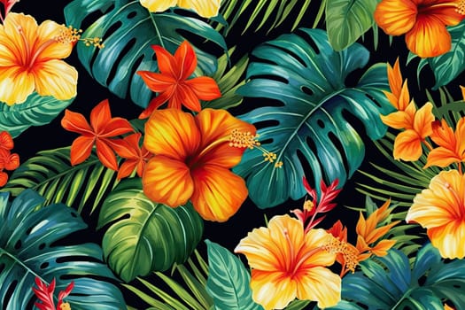 Tropical exotic pattern with animal and flowers in bright colors and lush vegetation. Ai Generative