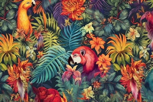 Tropical exotic pattern with animal and flowers in bright colors and lush vegetation. Ai Generative