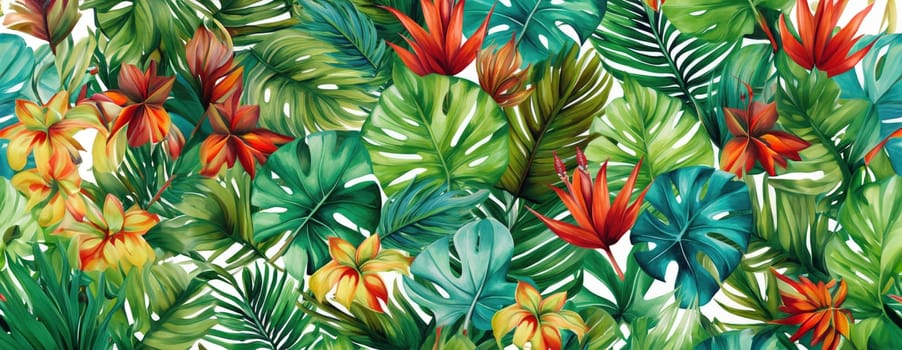 Tropical exotic pattern with animal and flowers in bright colors and lush vegetation. Ai Generative