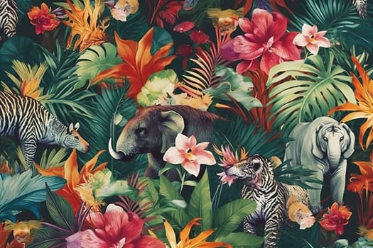 Tropical exotic pattern with animal and flowers in bright colors and lush vegetation. Ai Generative