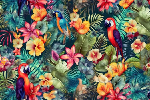 Tropical exotic pattern with animal and flowers in bright colors and lush vegetation. Ai Generative