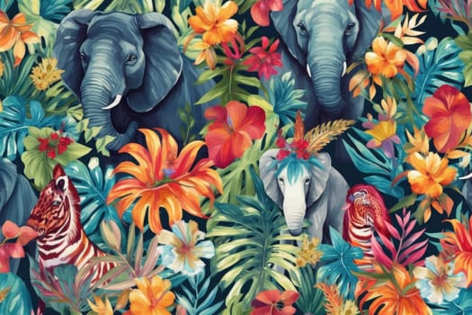 Tropical exotic pattern with animal and flowers in bright colors and lush vegetation. Ai Generative