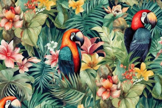 Tropical exotic pattern with animal and flowers in bright colors and lush vegetation. Ai Generative