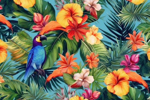 Tropical exotic pattern with animal and flowers in bright colors and lush vegetation. Ai Generative