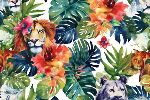 Tropical exotic pattern with animal and flowers in bright colors and lush vegetation. Ai Generative