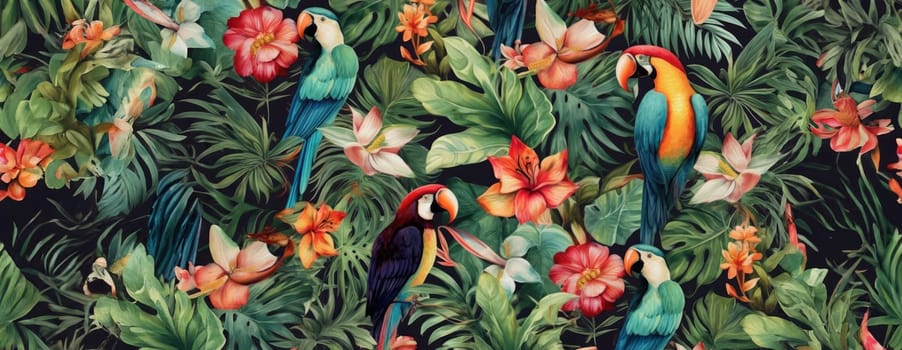 Tropical exotic pattern with animal and flowers in bright colors and lush vegetation. Ai Generative