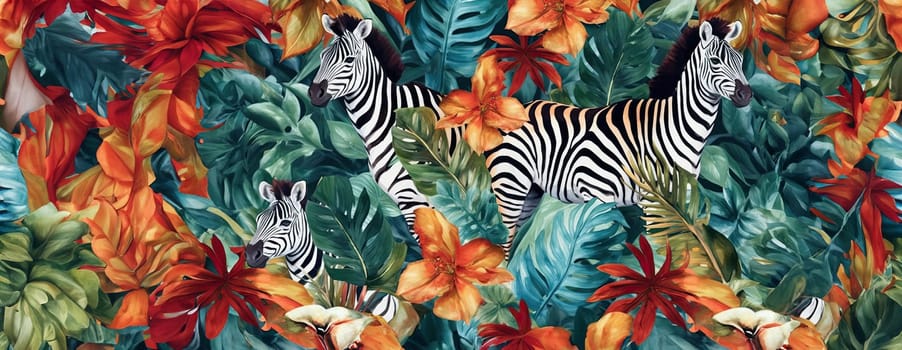 Tropical exotic pattern with animal and flowers in bright colors and lush vegetation. Ai Generative