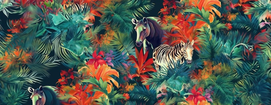 Tropical exotic pattern with animal and flowers in bright colors and lush vegetation. Ai Generative