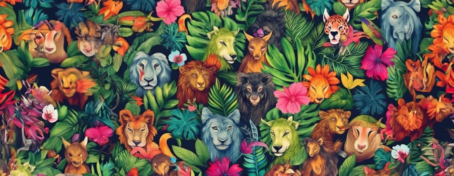 Tropical exotic pattern with animal and flowers in bright colors and lush vegetation. Ai Generative