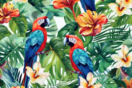 Tropical exotic pattern with animal and flowers in bright colors and lush vegetation. Ai Generative