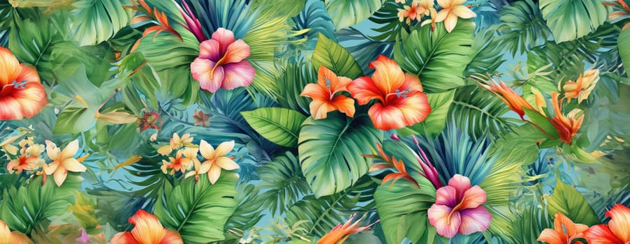 Tropical exotic pattern with animal and flowers in bright colors and lush vegetation. Ai Generative