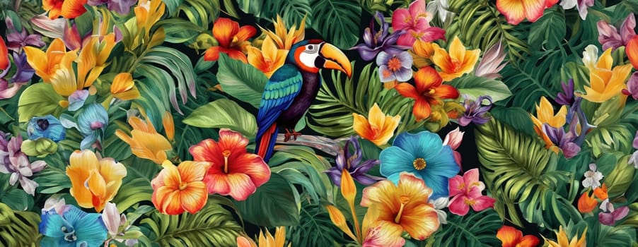 Tropical exotic pattern with animal and flowers in bright colors and lush vegetation. Ai Generative