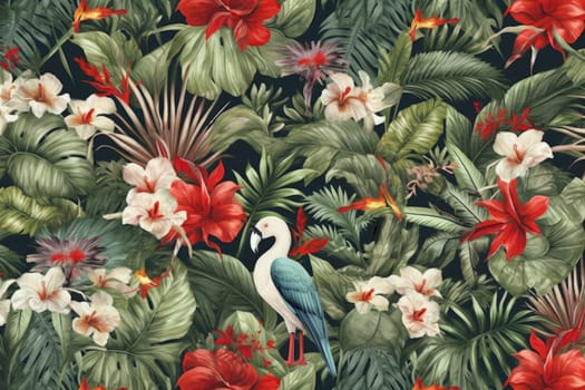 Tropical exotic pattern with animal and flowers in bright colors and lush vegetation. Ai Generative