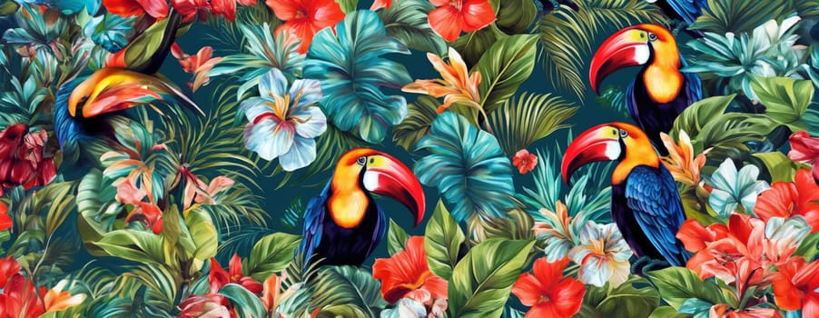 Tropical exotic pattern with animal and flowers in bright colors and lush vegetation. Ai Generative