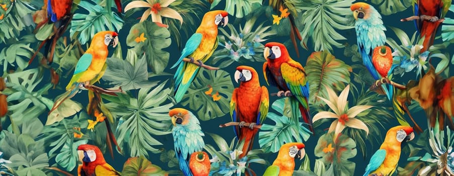 Tropical exotic pattern with animal and flowers in bright colors and lush vegetation. Ai Generative