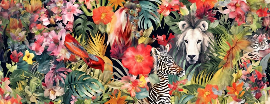 Tropical exotic pattern with animal and flowers in bright colors and lush vegetation. Ai Generative