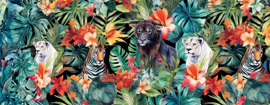 Tropical exotic pattern with animal and flowers in bright colors and lush vegetation. Ai Generative