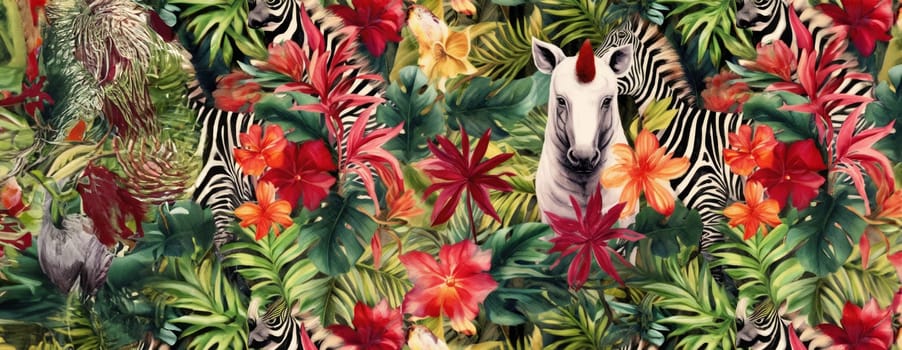 Tropical exotic pattern with animal and flowers in bright colors and lush vegetation. Ai Generative