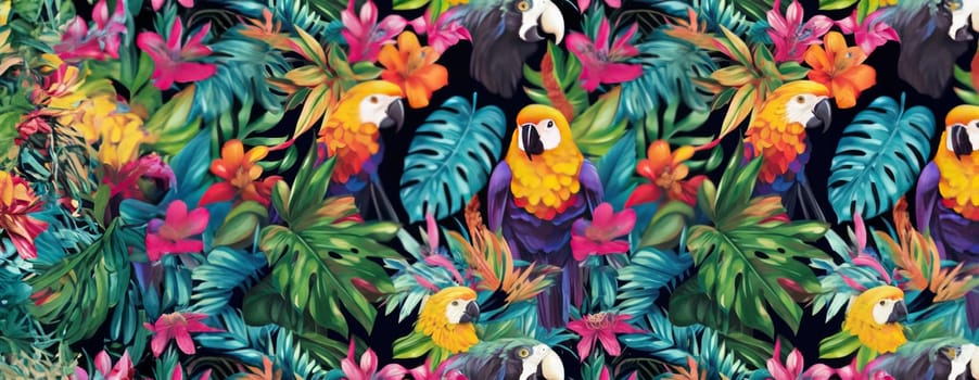 Tropical exotic pattern with animal and flowers in bright colors and lush vegetation. Ai Generative